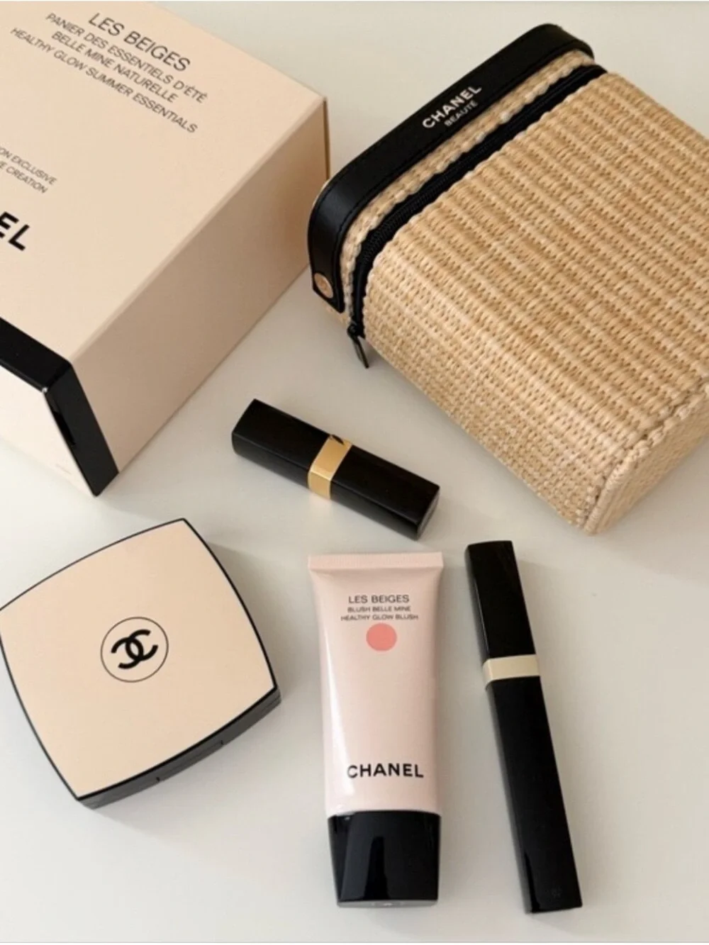 CHANEL Beige Straw Cosmetic Case with Black Trim & Makeup Set